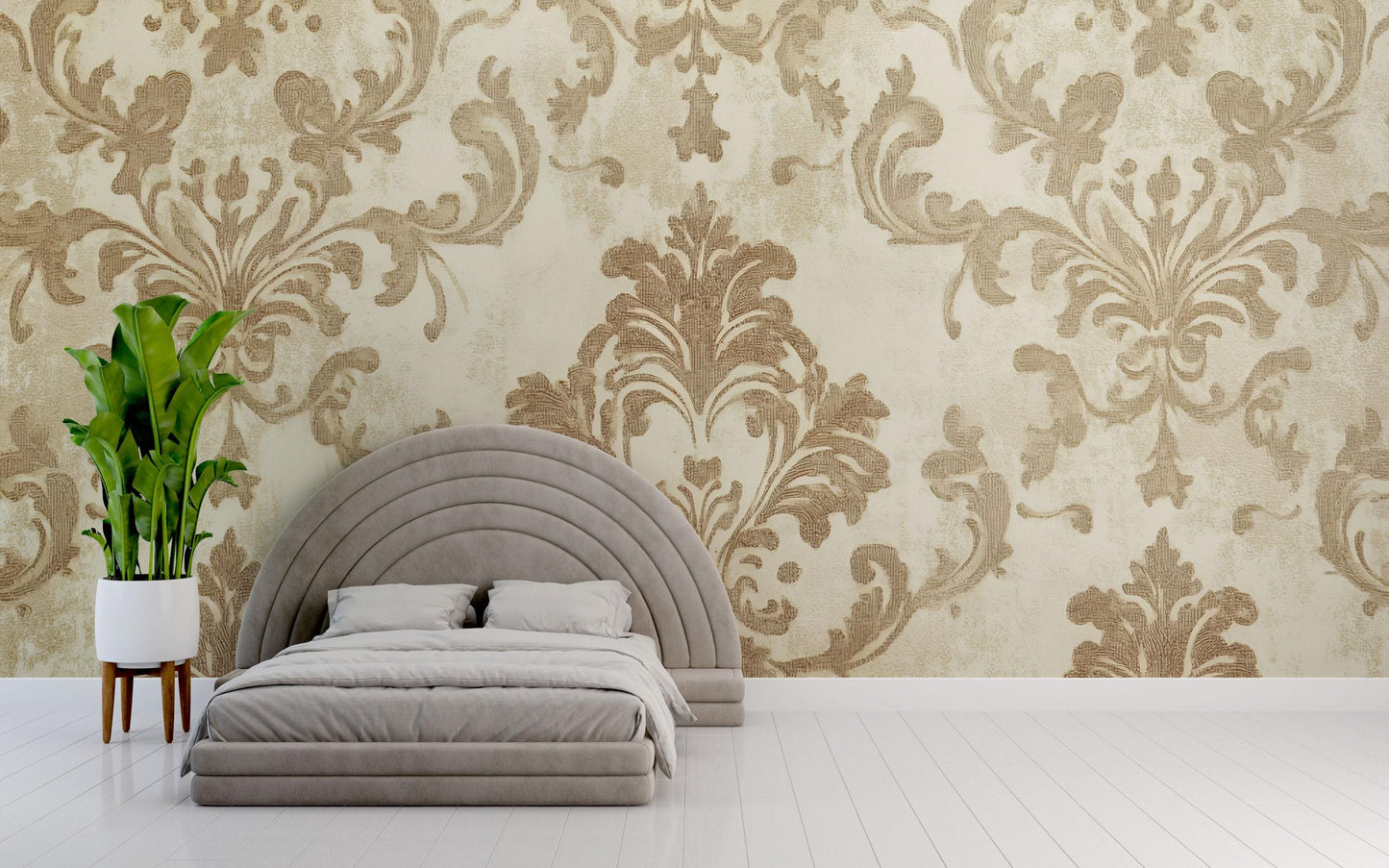 Luxury Modern Bed with Velvet Upholstery, Unique Arched Headboard, Glam Bedroom Decor, Minimalist Floor Bed, Neutral Tones Vn634