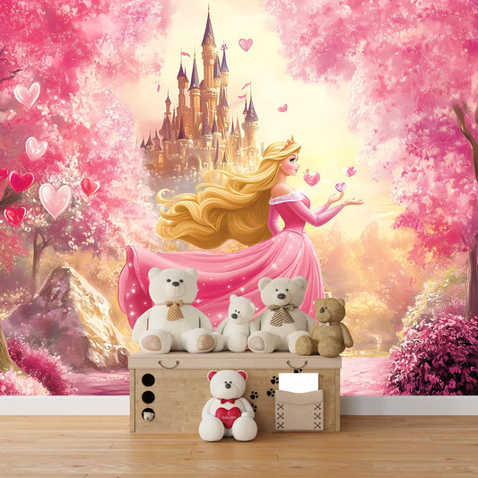 Princess Castle Wall Mural – Pink Fantasy Fairy Tale Wallpaper for Kids Room, Girls Bedroom Decor Vn093