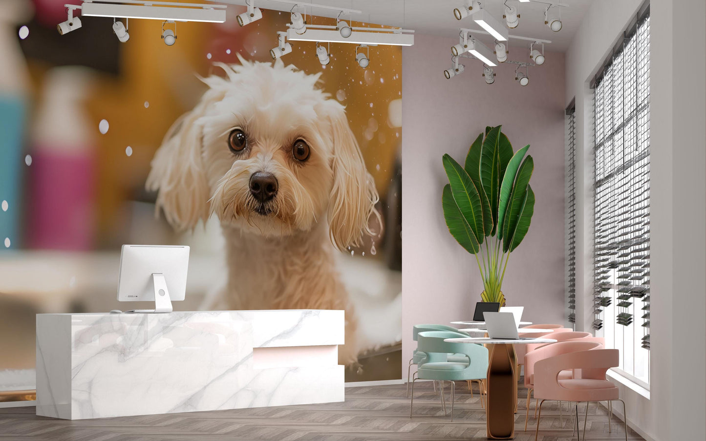 Cute Dog Wall Mural for Pet Lovers – White Puppy Bath Scene Wallpaper – Large Pet Decor for Living Room or Grooming Studio Vn665