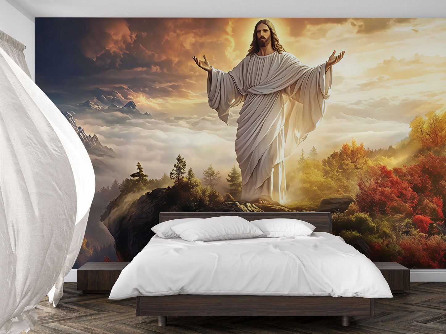 Jesus Wall Mural - Christian Bedroom Decor - Religious Jesus Christ Wallpaper - Inspirational Faith Mural Art - Jesus and Nature Vn609