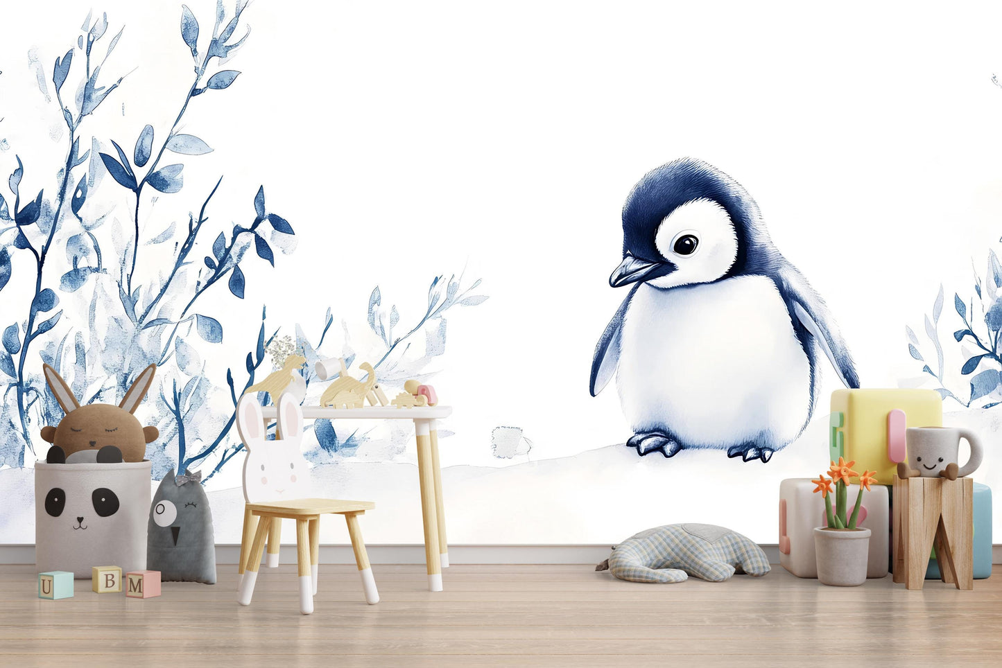 Penguin Nursery Wall Mural | Blue Baby Room Wallpaper | Arctic Animal Nursery Decor | Gender Neutral Nursery Art | Winter Baby Room Vn519