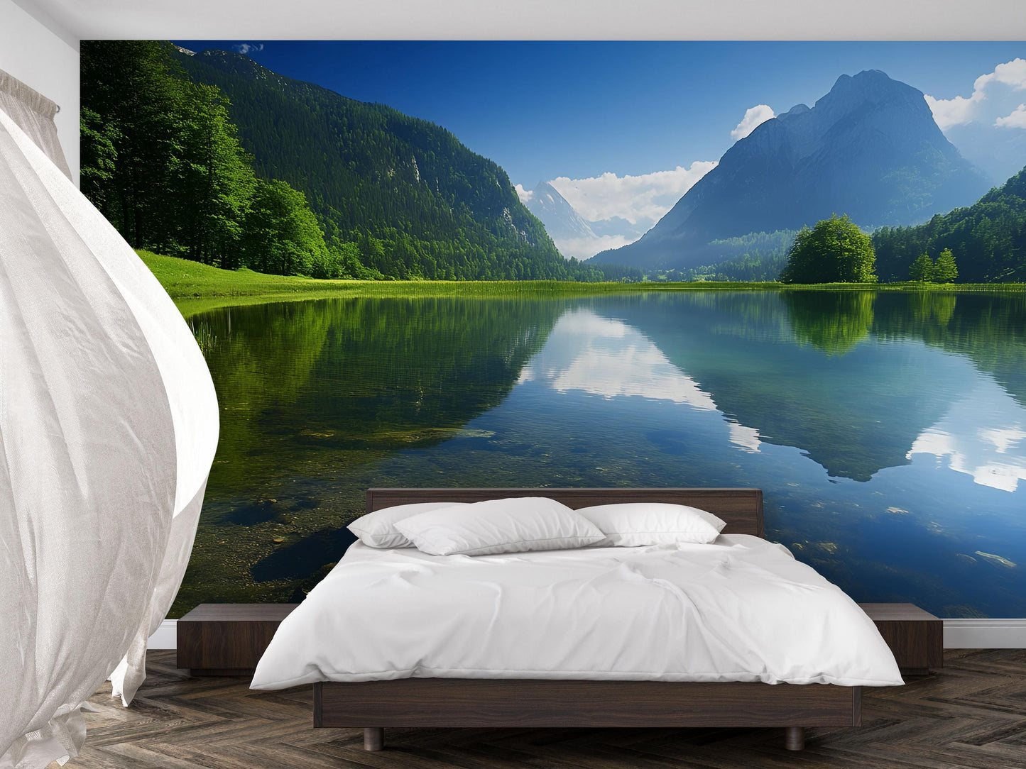 Mountain Lake Wall Mural - Scenic Nature Bedroom Wallpaper - Tranquil Forest Lake View Decor - Removable Peel and Stick Mural Vn688