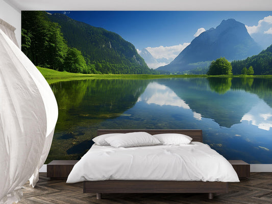 Mountain Lake Wall Mural - Scenic Nature Bedroom Wallpaper - Tranquil Forest Lake View Decor - Removable Peel and Stick Mural Vn688