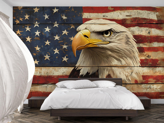 Rustic American Flag Bald Eagle Wall Mural – Patriotic Bedroom Decor, USA Wood Flag Art, Vintage Eagle Head Wallpaper Vn713