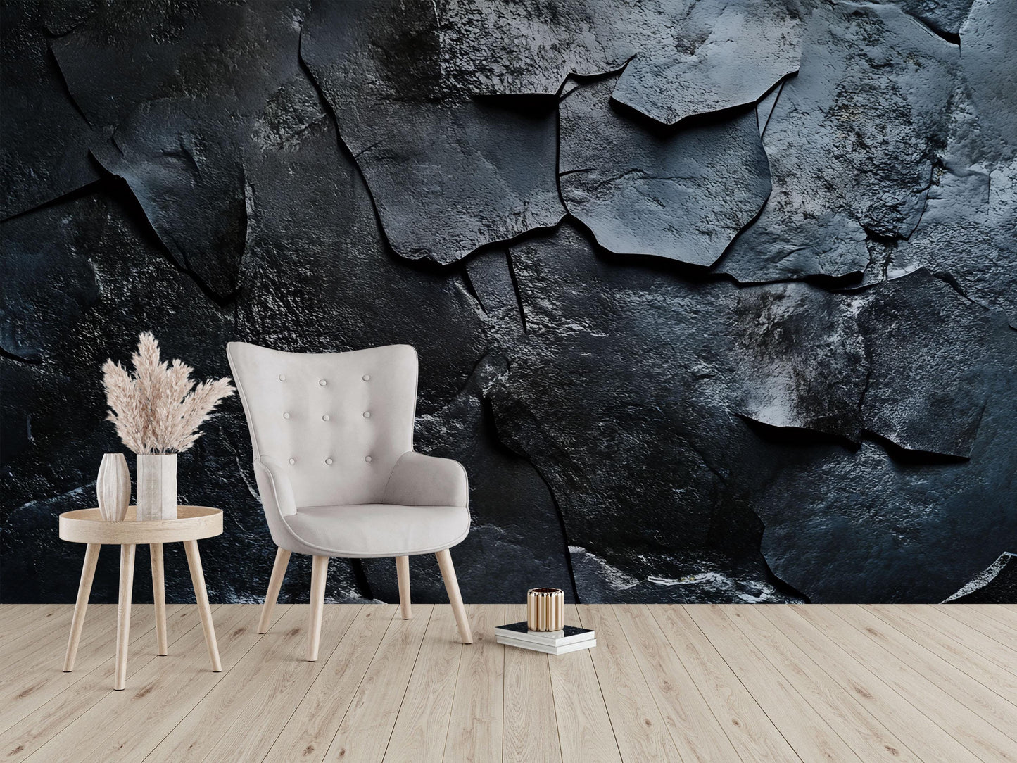 Modern Black Rock Texture Wallpaper – Bold Dark Stone Wall Mural for Living Room, Office, or Studio – Industrial Style Décor Vn653