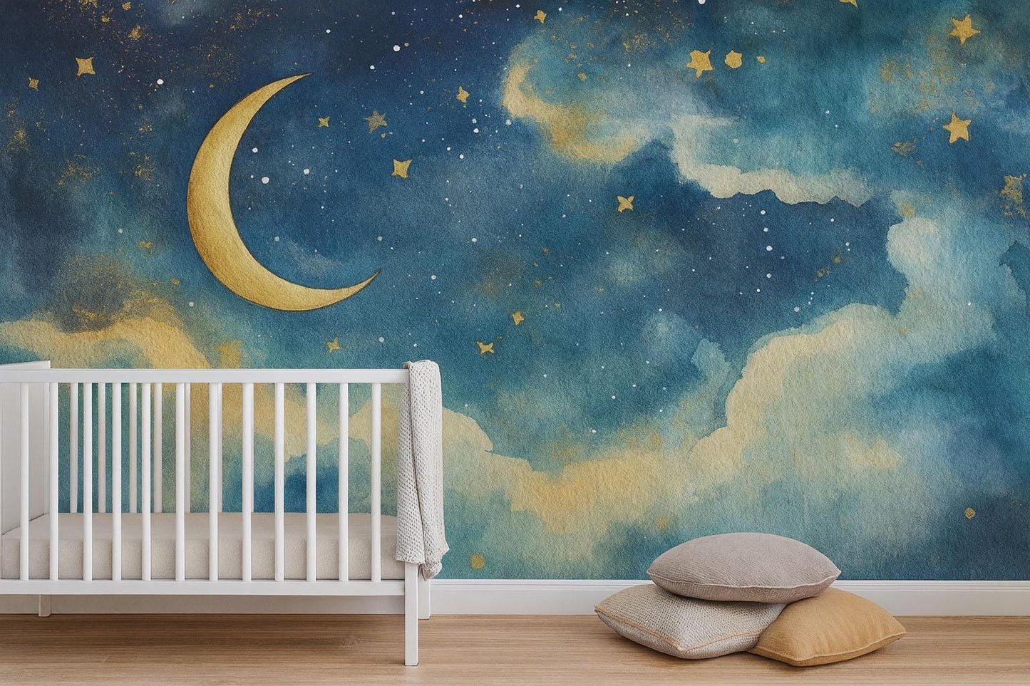Crescent Moon Wall Mural – Starry Sky Nursery Wallpaper, Dreamy Cloud Accent Wall for Kids Room or Baby Nursery Vn855
