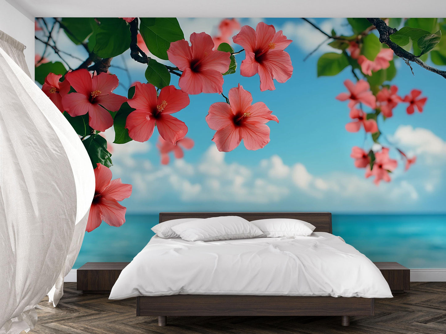 Tropical Hibiscus Flower Wall Mural – Ocean View Bedroom Wallpaper – Large Botanical Floral Peel and Stick Wall Art Vn648