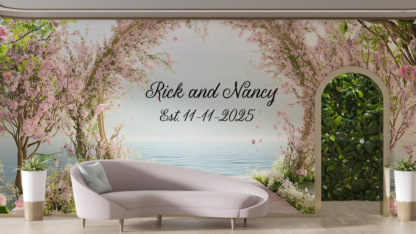 Romantic Wedding Backdrop with Names & Date – Cherry Blossom Arch Decor Vn511