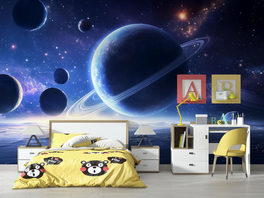 Saturn Planets Wall Mural – Outer Space Galaxy Wallpaper for Kids Bedroom Vn873