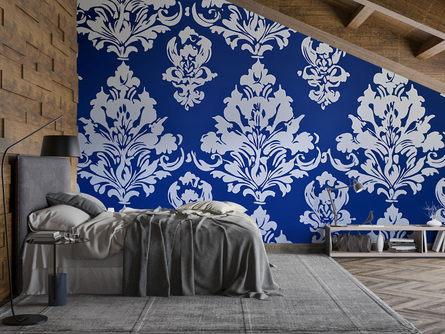Bold Blue Damask Wallpaper | Baroque Floral Removable Wall Mural | Elegant Bedroom Accent Wall Decor | Peel and Stick Home Decor Vn632