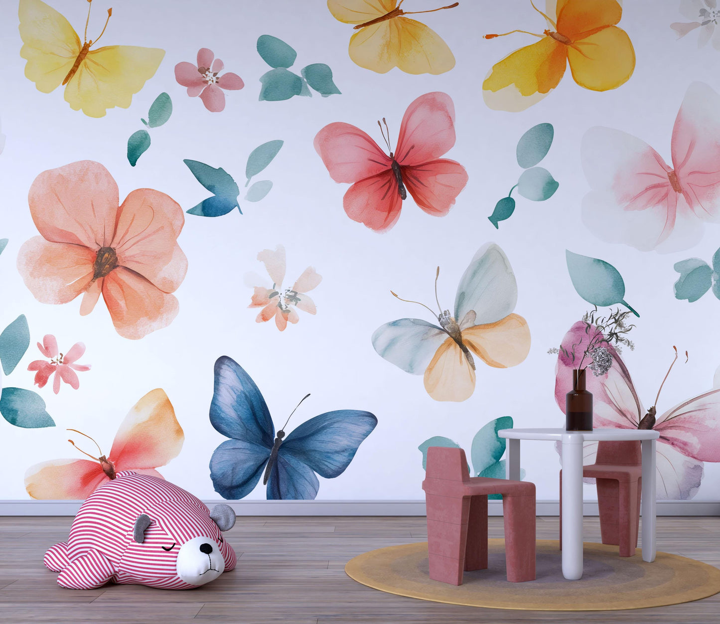Butterfly Flower Wall Mural for Kids Room – Pastel Boho Wallpaper for Nursery or Playroom Vn630