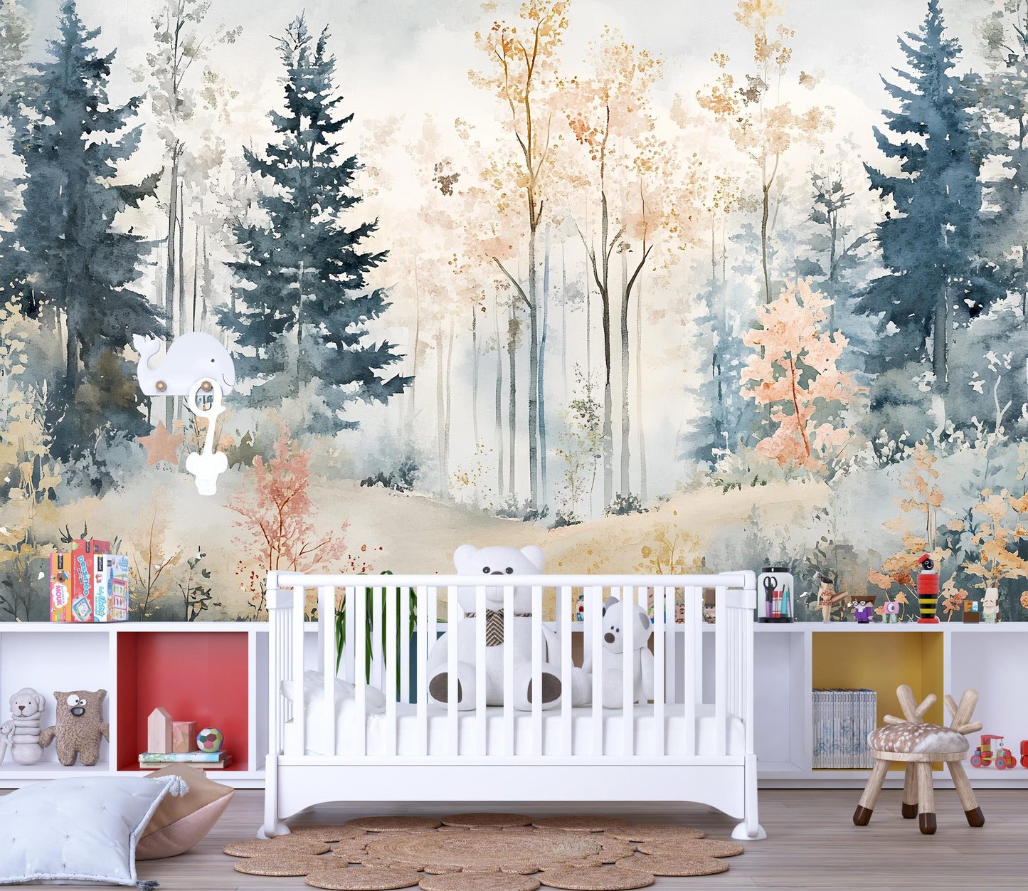 Whimsical Forest Wall Mural for Kids Room – Soft Watercolor Woodland Wallpaper with Trees Vn562