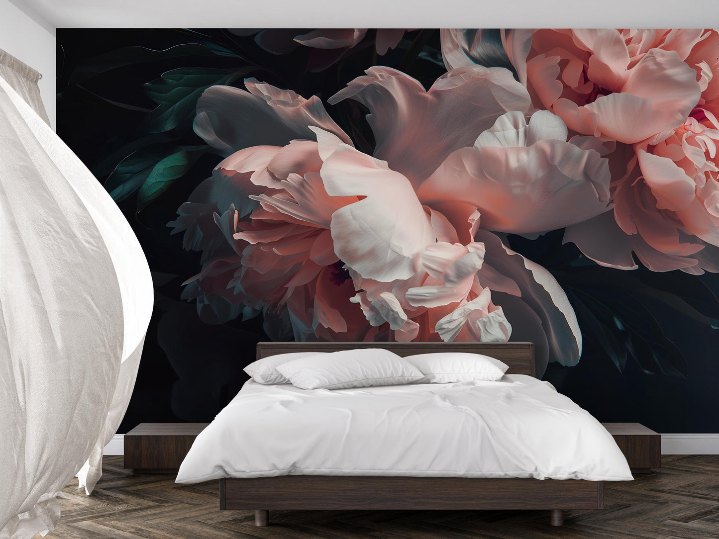 Dark Floral Mural Wallpaper – Large Pink Peony Wall Art for Bedroom Décor Vn1047