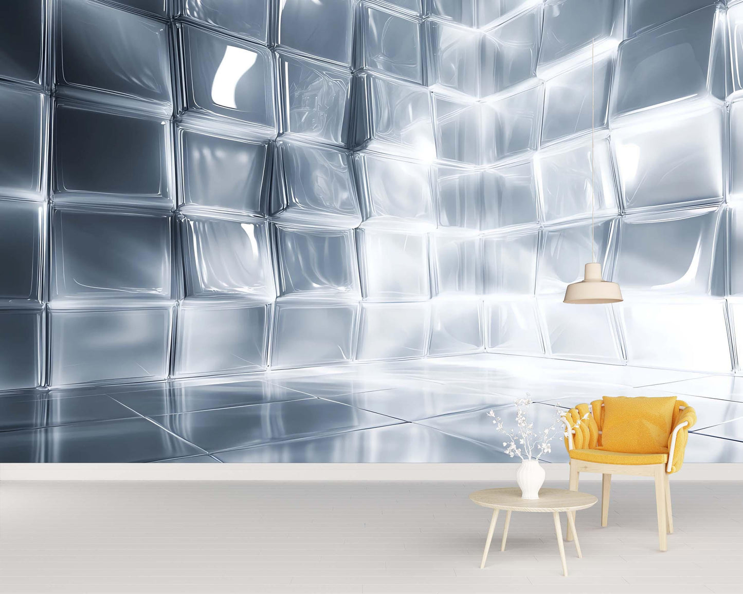 Modern 3D Silver Cube Wall Mural – Abstract Metallic Geometric Wallpaper for Living Room, Office, or Studio Decor  Vn749