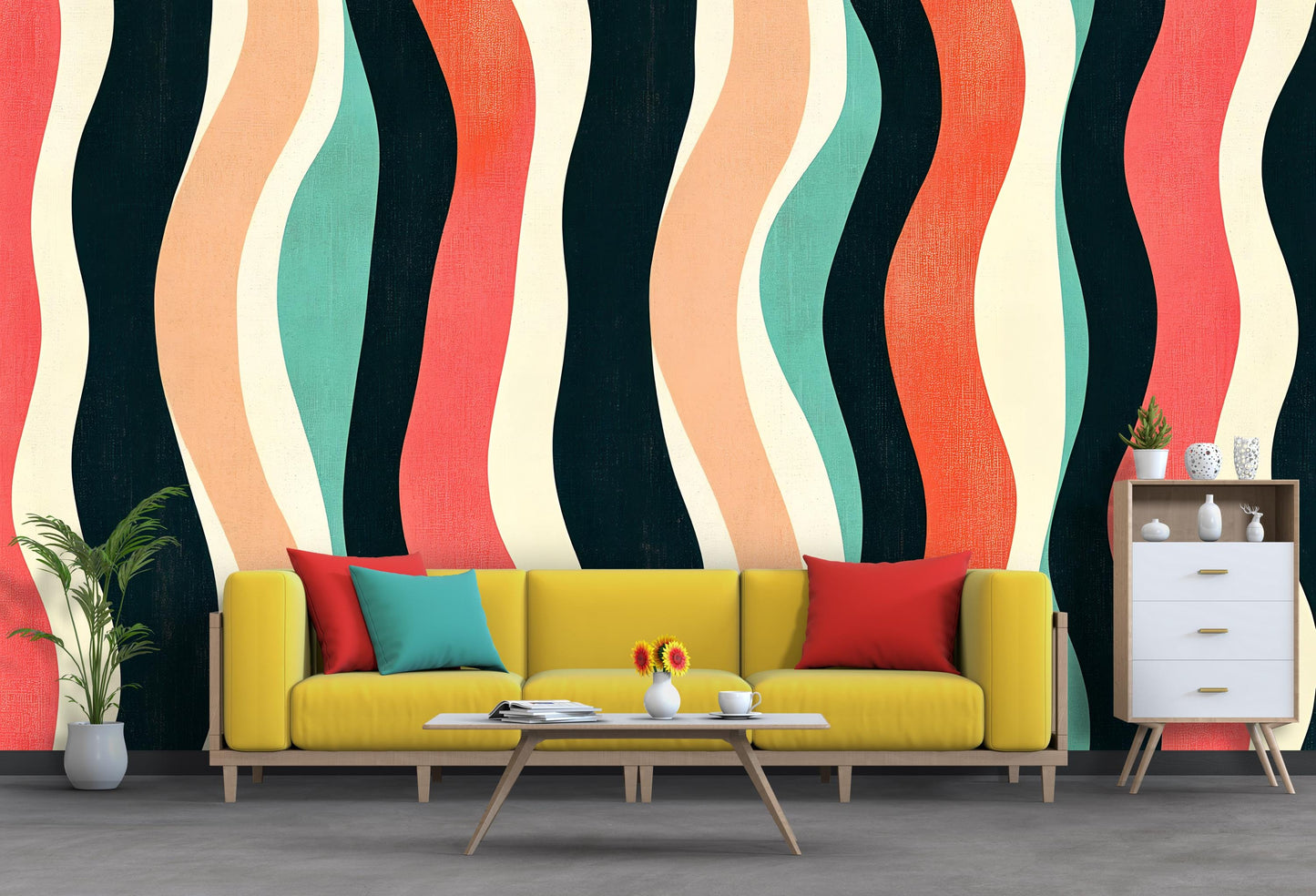 Retro Wavy Stripes Wallpaper – Bold Colorful Wall Mural Vn1020