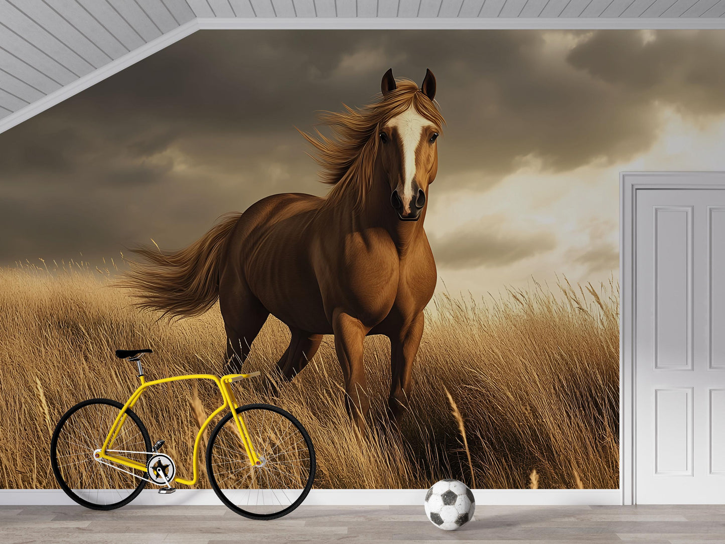 Wild Horse Wall Mural – Realistic Running Horse in Golden Field Wallpaper for Nursery or Bedroom Vn777