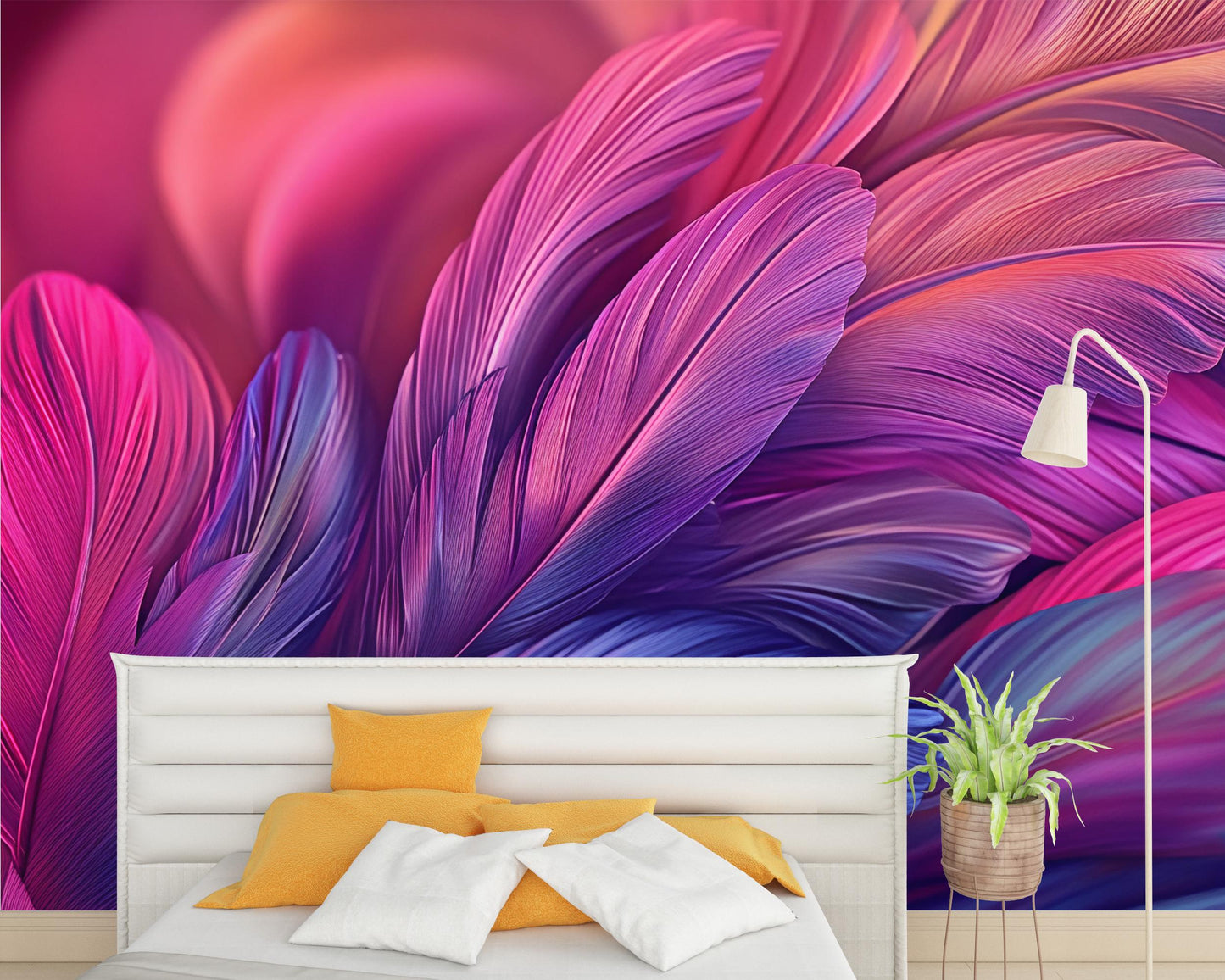 Large Boho Feather Wall Mural - Colorful Pink Purple Bedroom Wallpaper - Removable Peel and Stick Accent Wall Art Vn592