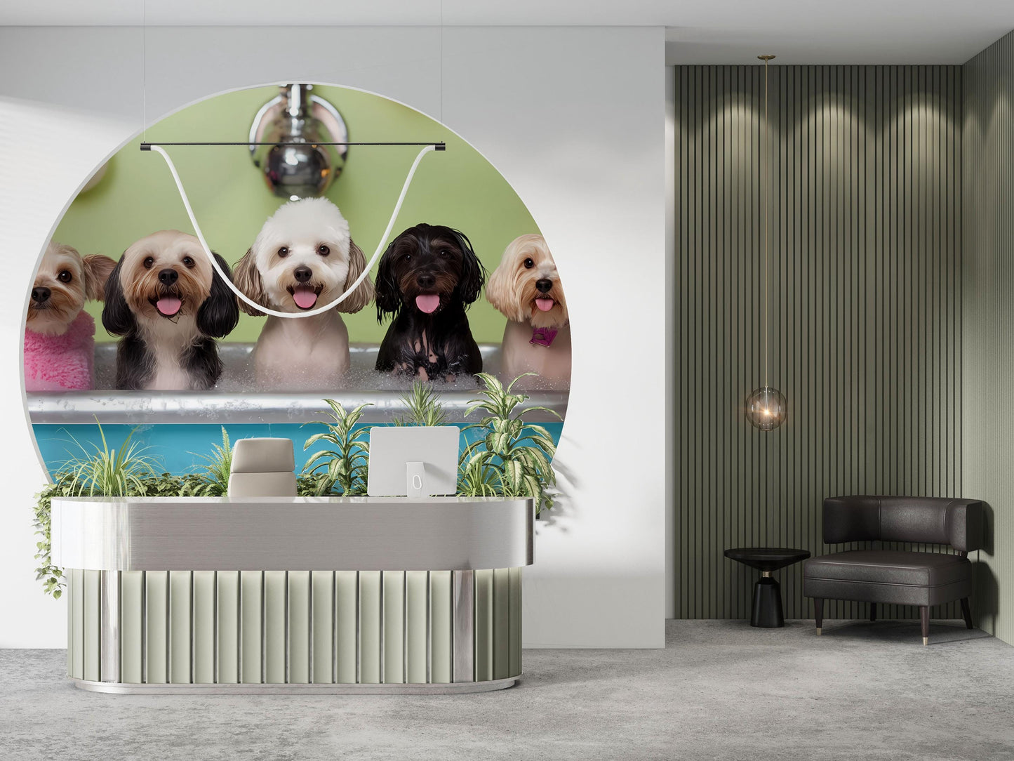 Dog Grooming Salon Wall Mural – Cute Bathing Dogs Wallpaper, Pet Spa Decor, Playful Veterinary Office Art Vn663