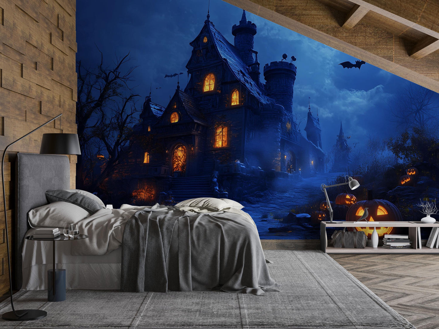 Haunted Castle & Pumpkin Patch Halloween Wall Mural – Spooky Gothic Home Décor Vn798