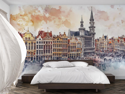 Brussels Grand Place Mural – Belgium Cityscape Wall Art Wallpaper Vn942
