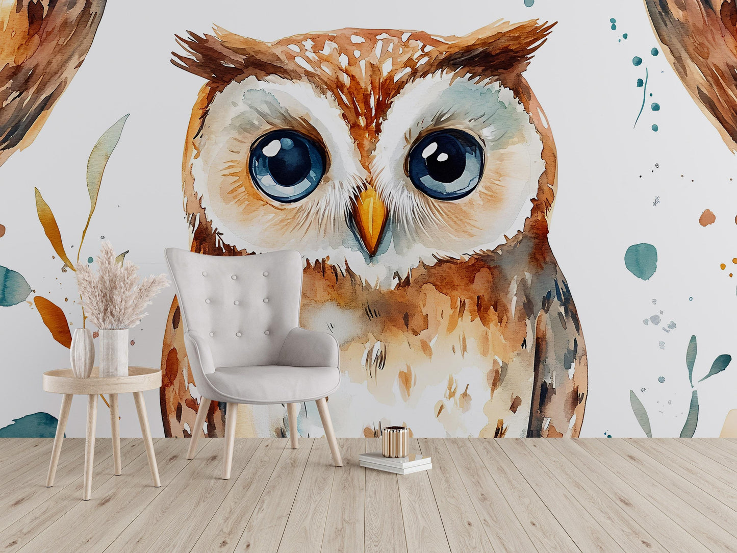 Watercolor Owl Wall Mural for Kids Bedroom | Large Woodland Animal Wallpaper Vn495
