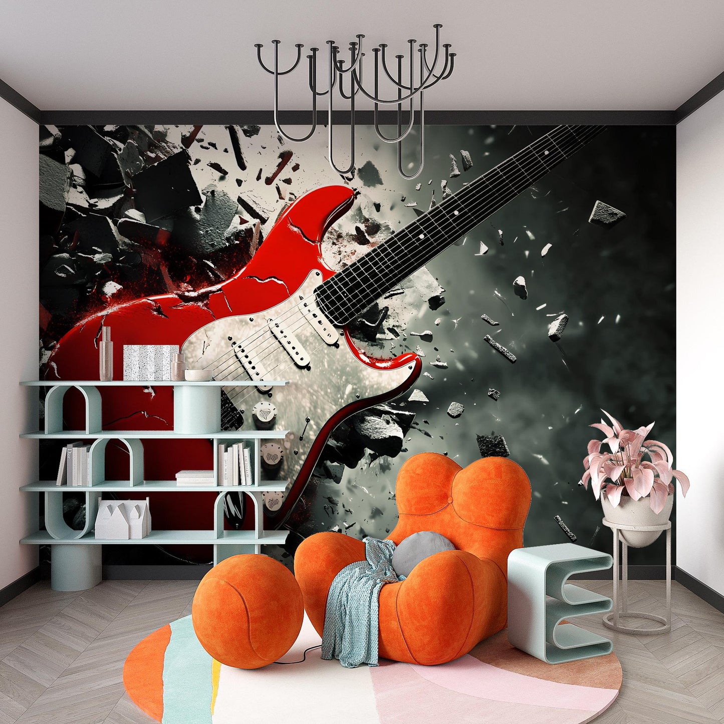 Red Electric Guitar Wall Mural for Kids Room – Bold Rock Music Wallpaper – Teen Bedroom Decor – Music Lover Gift Vn521