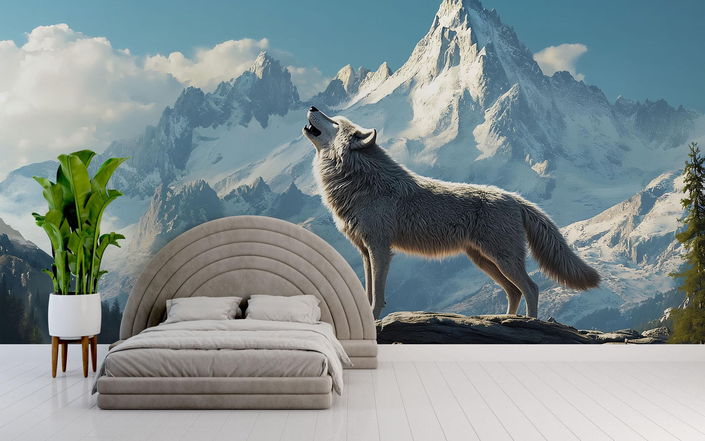 Wolf Mountain Mural Wall Art – Howling Wolf Wallpaper for Bedroom | Snowy Nature Scene | Rustic Cabin Decor | Forest Animal Backdrop Vn601