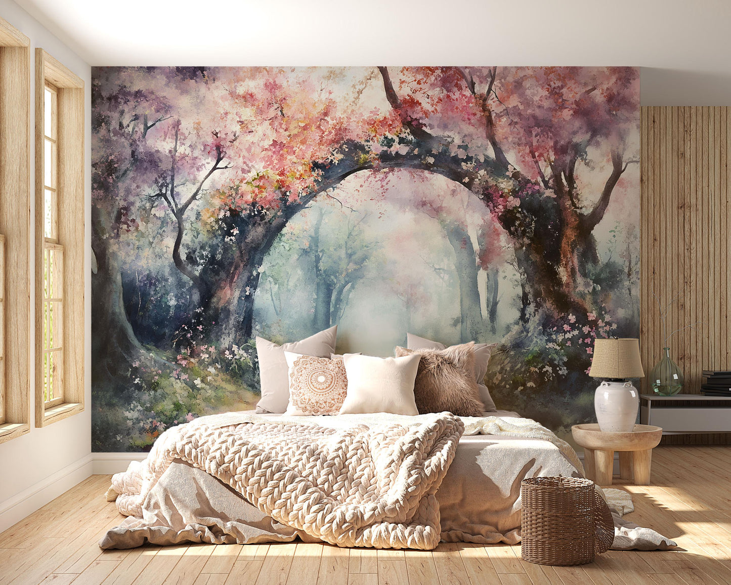 Cherry Blossom Forest Mural Wallpaper – Dreamy Watercolor Wall Art for Bedroom or Living Room Vn765