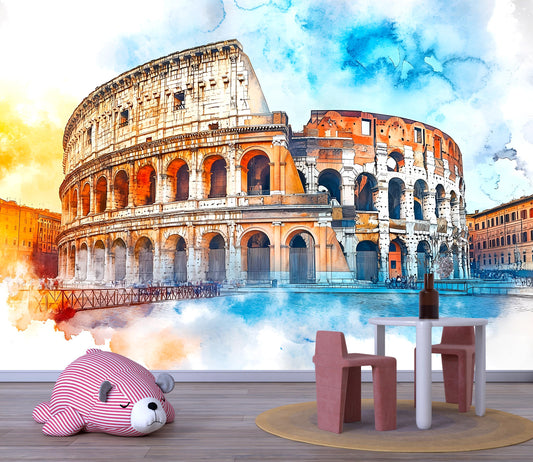 Rome Colosseum Wall Mural – Watercolor Ancient Italy Landmark Wallpaper Vn925