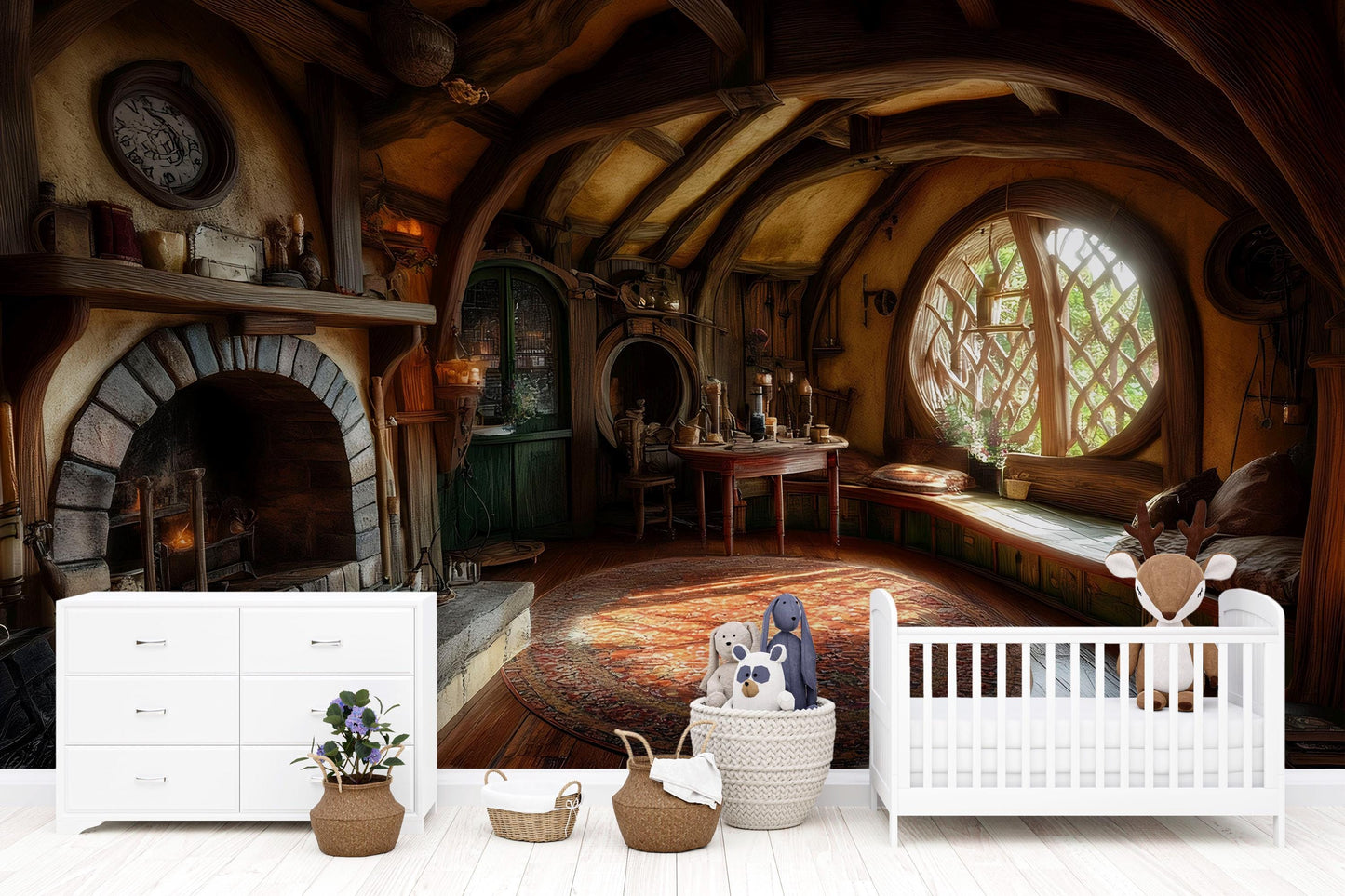 Hobbit-Inspired Nursery Wall Mural – Cozy Fantasy Fireplace & Round Window Scene – Storybook Woodland Baby Room Decor Vn605
