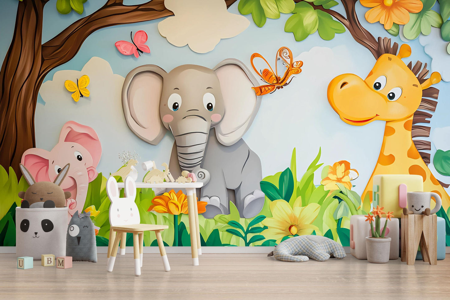 Jungle Safari Animal Wall Mural for Kids Room – Elephant Giraffe Cartoon Nursery Decor Vn616