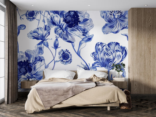 Blue Floral Wall Mural, Vintage Botanical Wallpaper, Elegant Flower Wall Art Decor Vn1058
