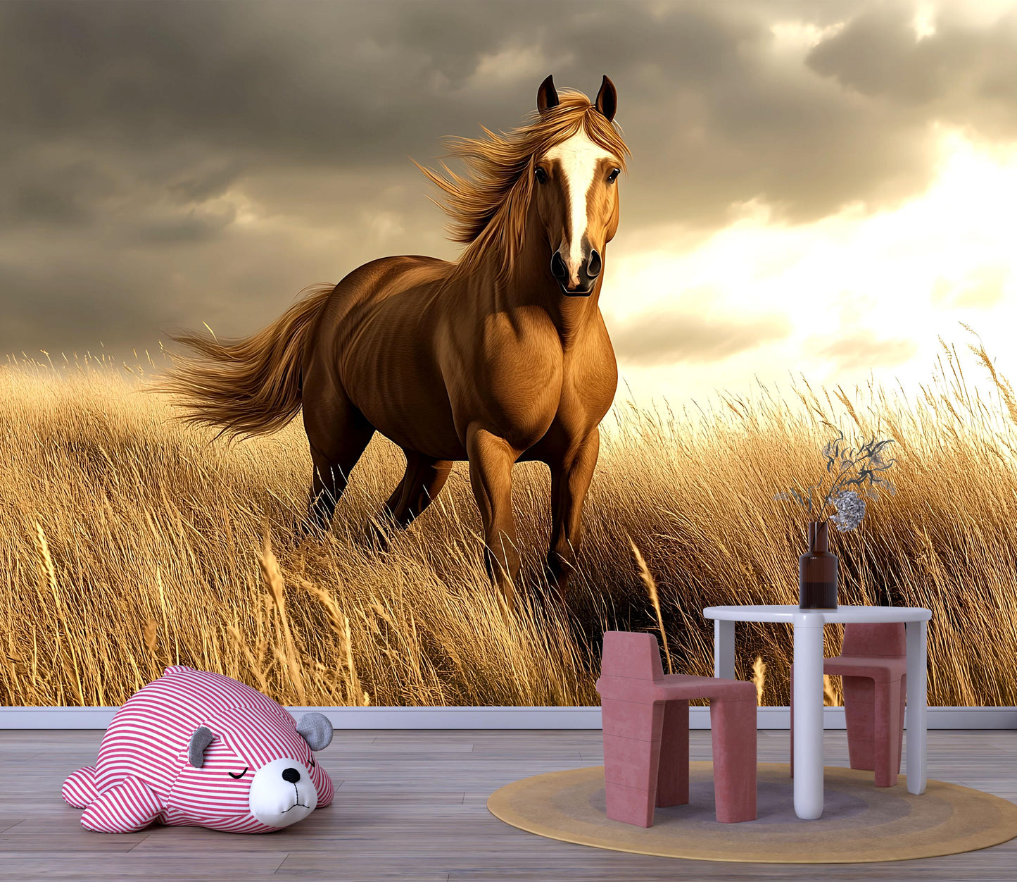 Wild Horse Wall Mural – Realistic Running Horse in Golden Field Wallpaper for Nursery or Bedroom Vn777