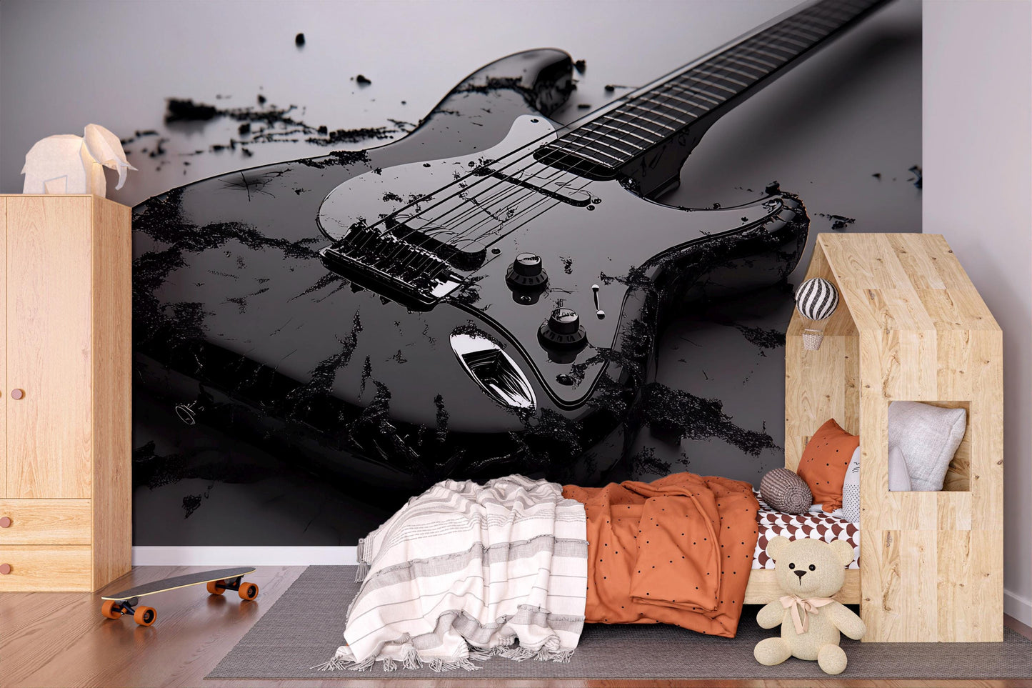 Rock Guitar Wall Mural for Kids Room – Bold Black Electric Guitar Decor Vn530