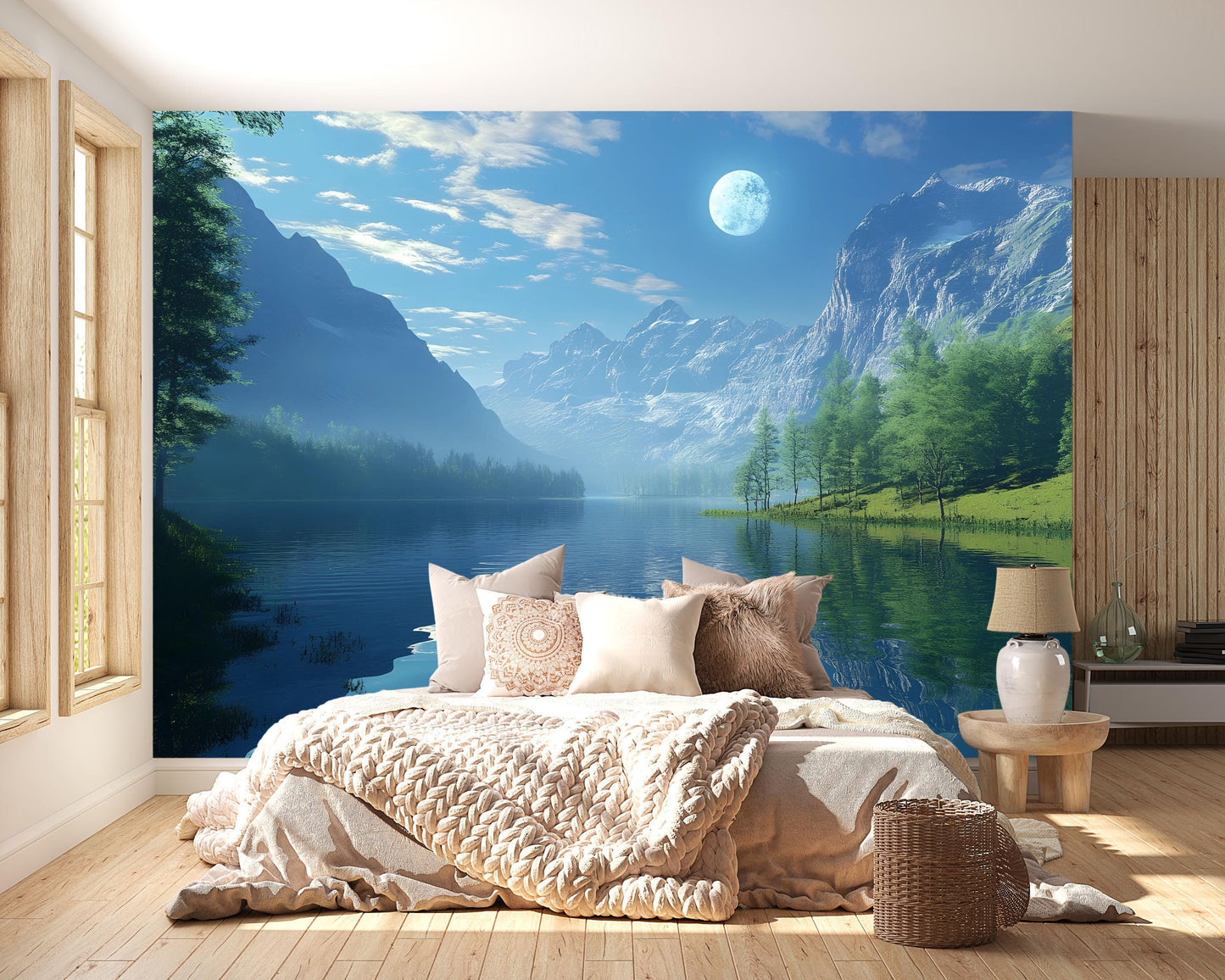 Moonlit Mountain Lake Wall Mural – Tranquil Night Sky & Alpine Landscape Wallpaper Vn831