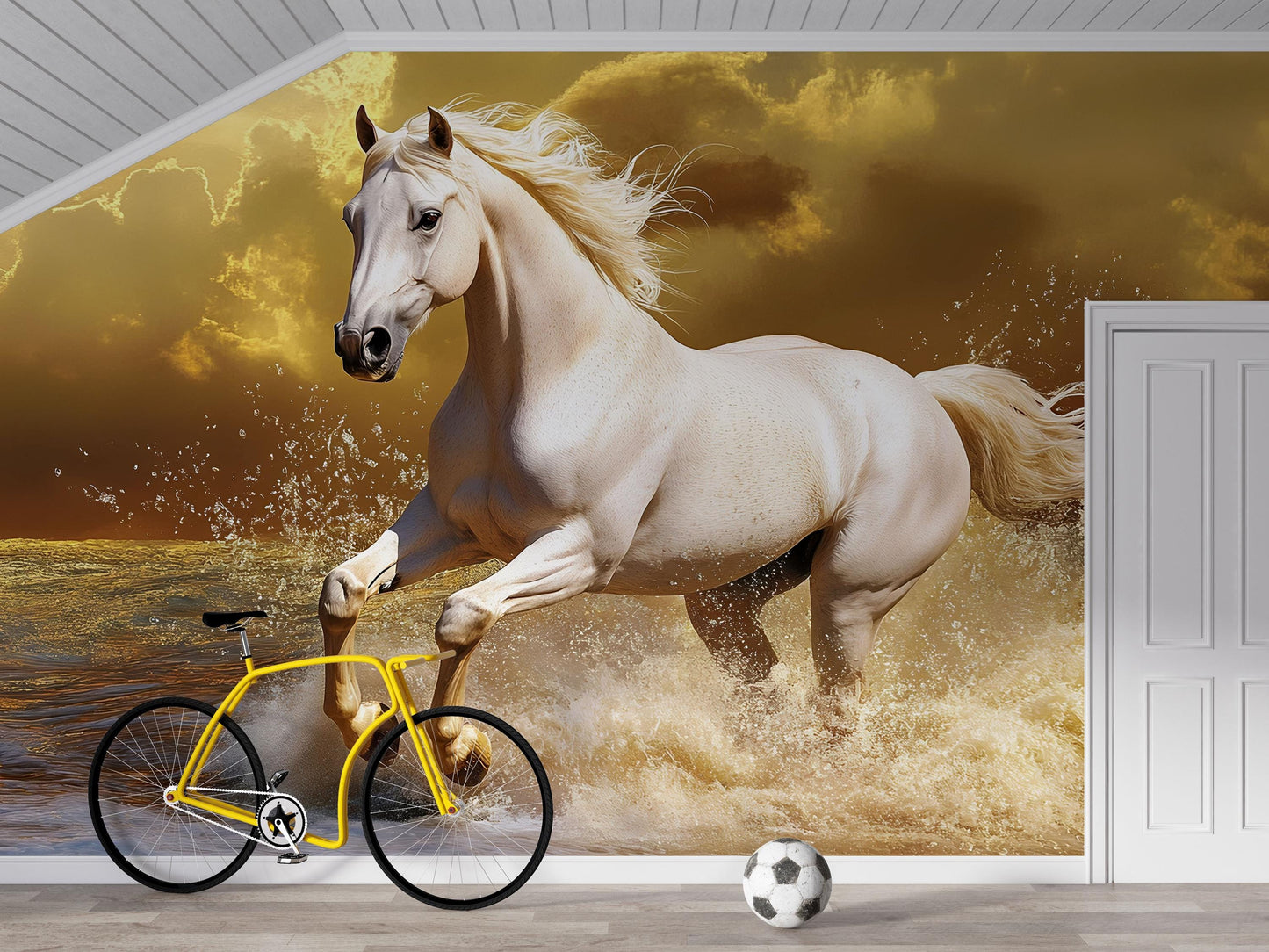 White Stallion Wall Mural – Realistic Galloping Horse in Ocean Waves Wallpaper Vn778