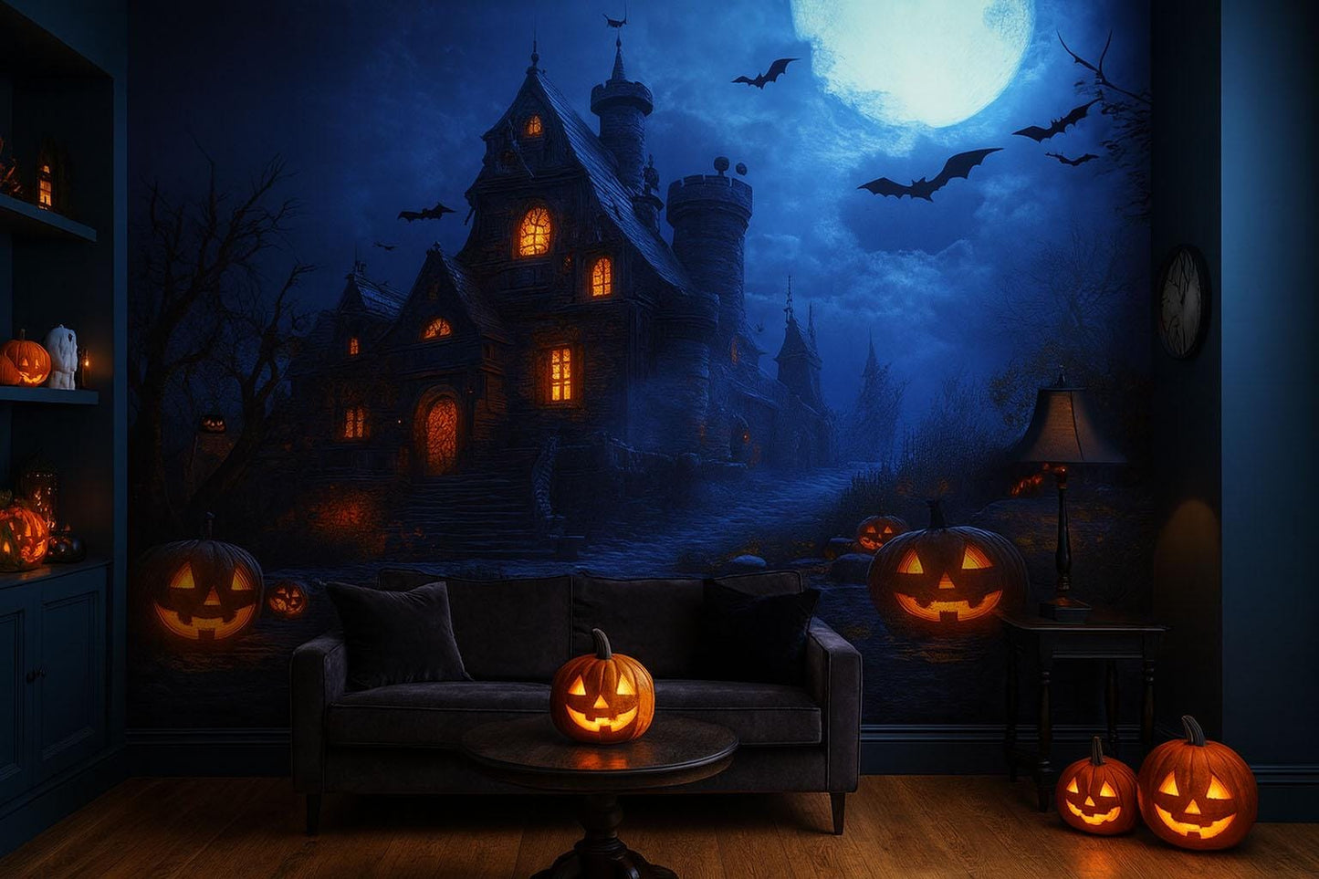 Haunted Castle & Pumpkin Patch Halloween Wall Mural – Spooky Gothic Home Décor Vn798