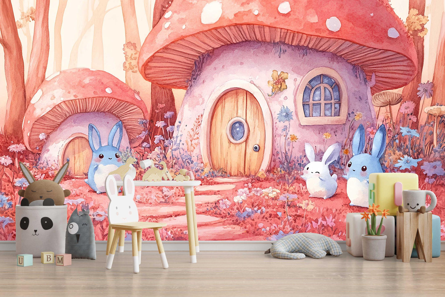 Whimsical Mushroom Forest Bunny Wall Mural – Cute Woodland Animal Nursery Wallpaper – Removable Baby Room Decor for Girls & Boys Vn446