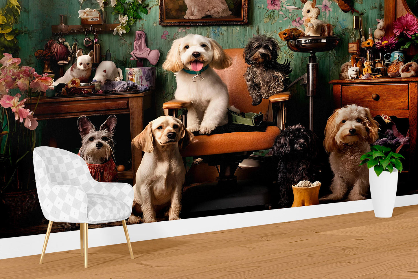 Whimsical Dog Grooming Wall Mural – Cute Dogs Salon Scene, Pet Lover Wallpaper Art Vn678
