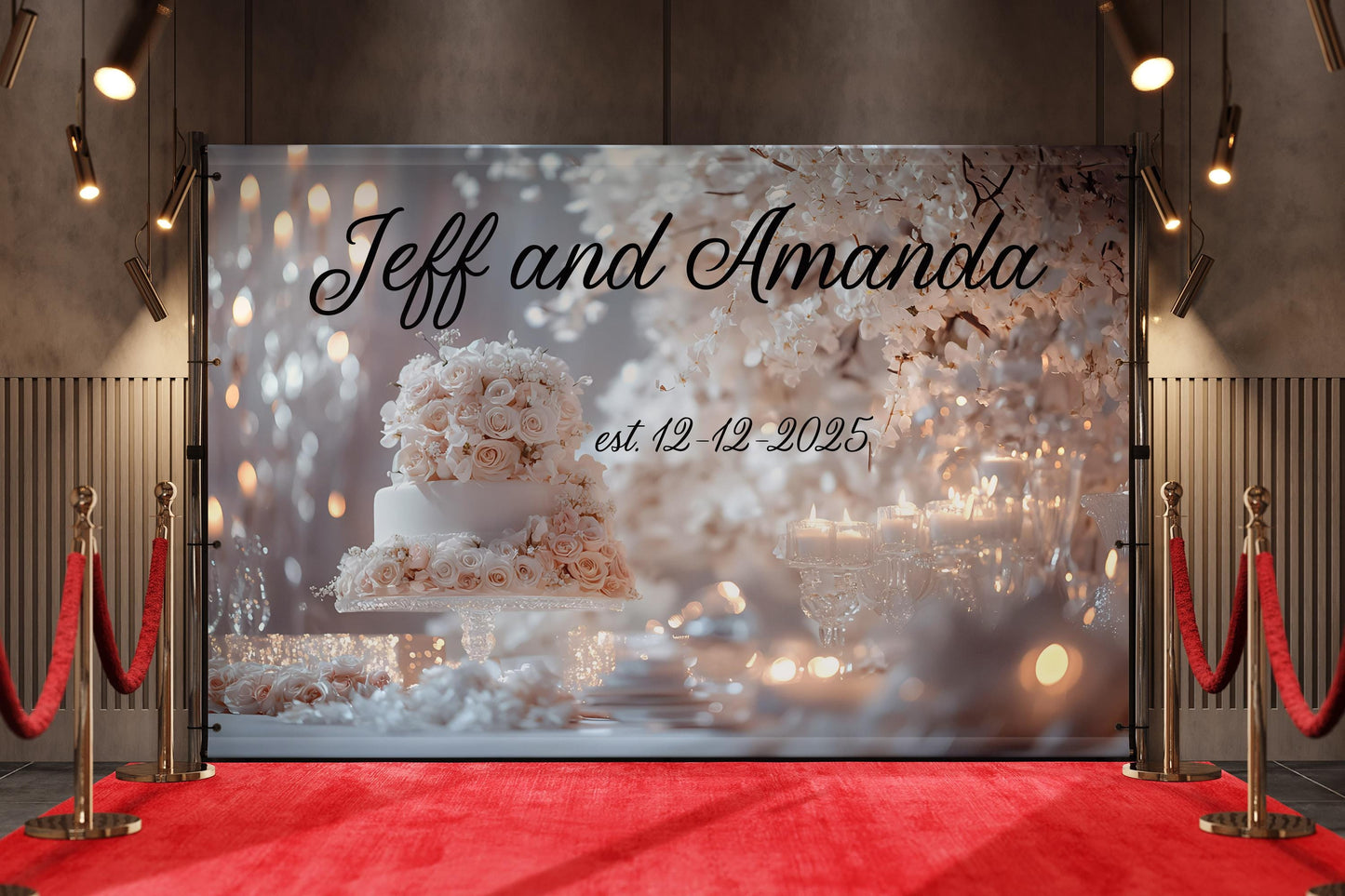 Elegant Wedding Backdrop Banner with Names & Date – Personalized Floral Cake Design, Custom Photo Booth Sign Vn516