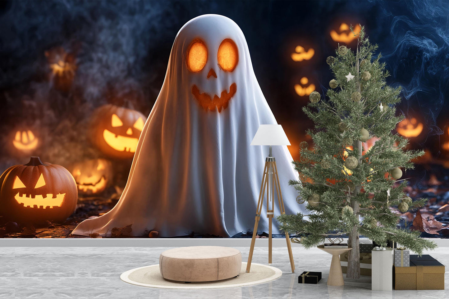 Cute Ghost & Pumpkin Glow Wall Mural – Halloween Spooky Décor Vn803