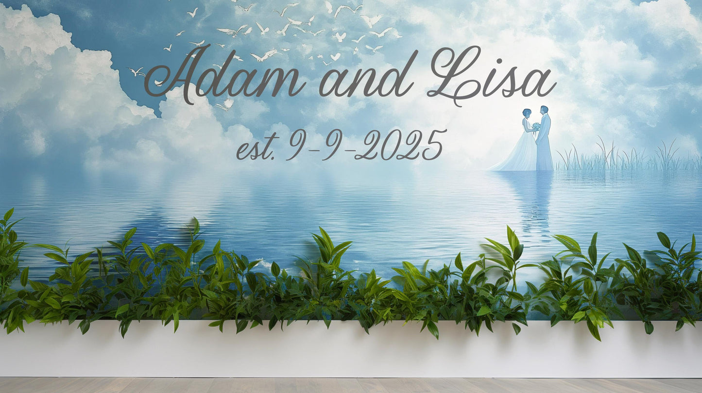 Custom Romantic Wall Mural - Personalized Couple Names & Date - Wedding Anniversary Gift - Est. Date Wall Art - Water Couple Scene Vn514