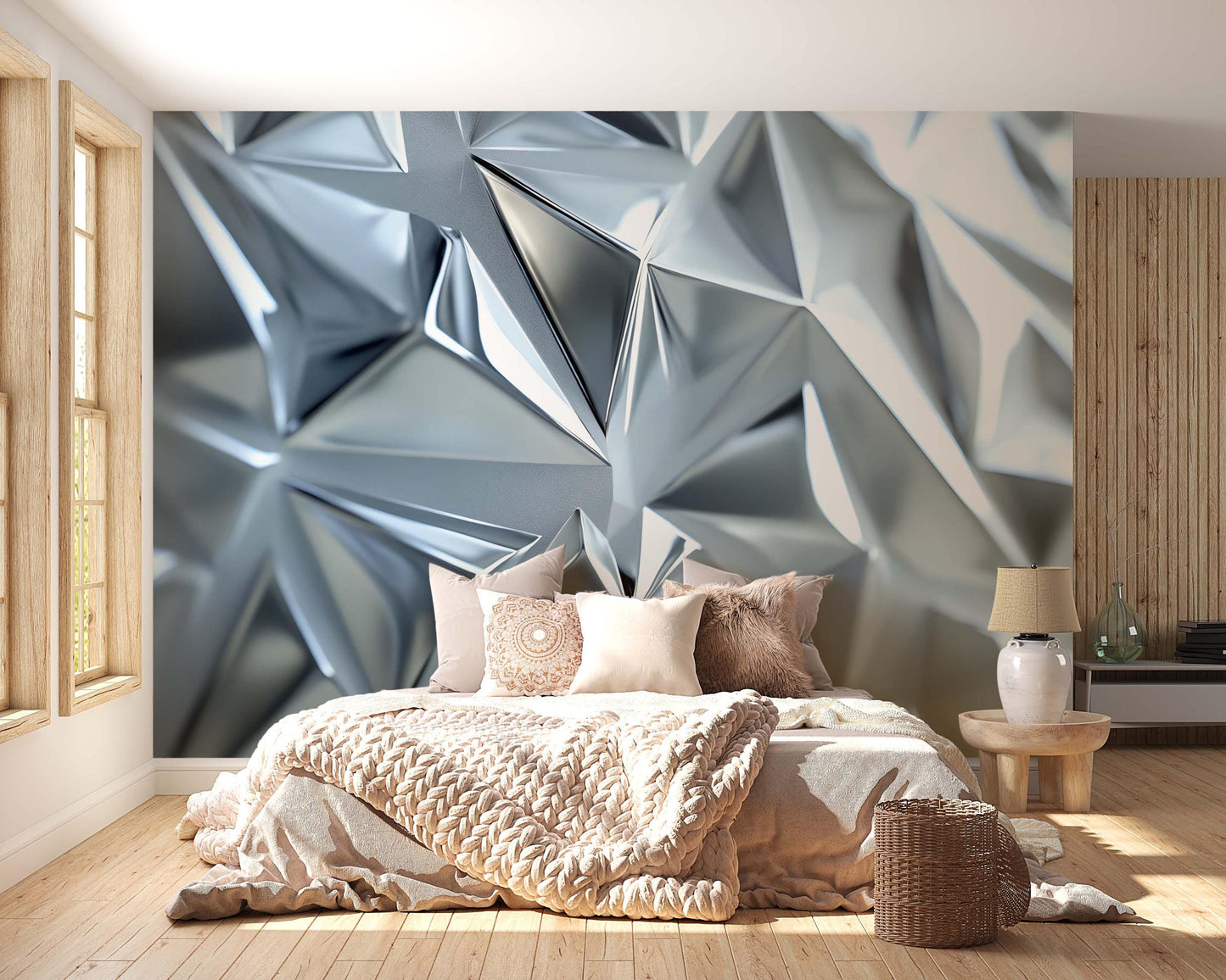 Geometric Silver Chrome Wall Mural – Modern 3D Metallic Abstract Wallpaper for Bedroom or Living Room Vn747