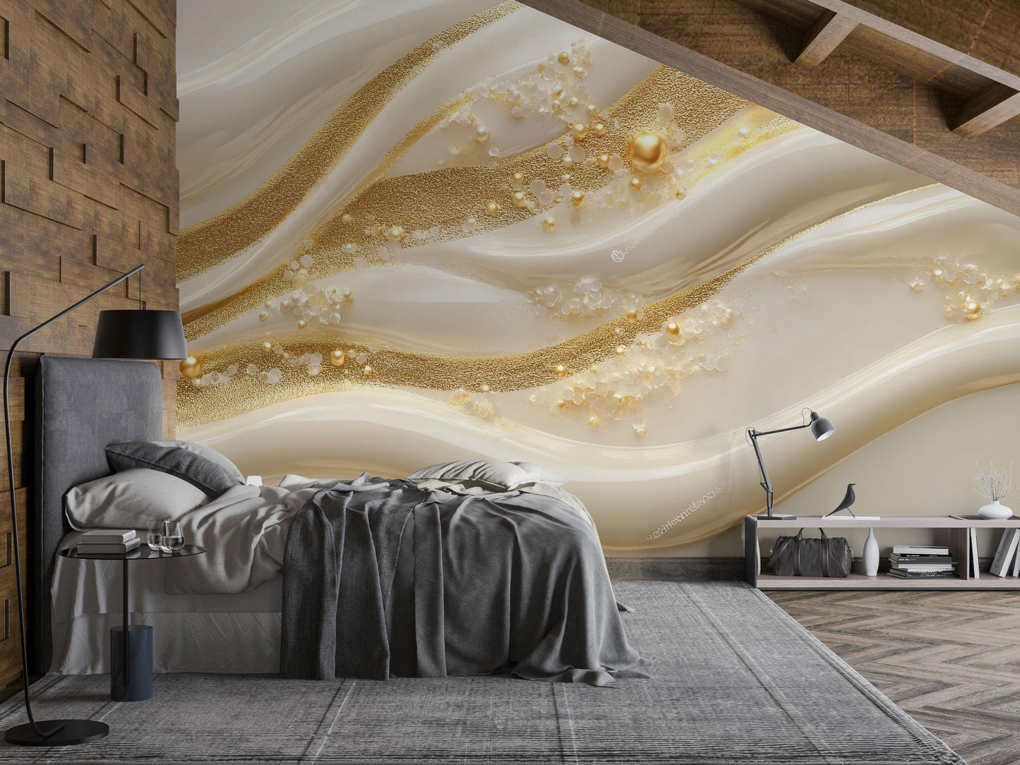 Luxury Gold Pearl Wave Wall Mural – 3D Elegant Cream and Gold Accent Wallpaper Vn776