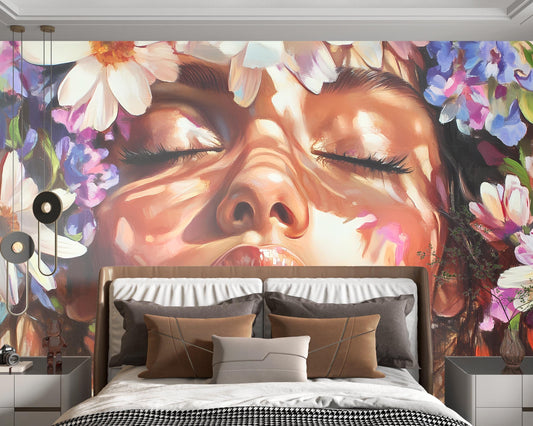 Floral Woman Wall Mural, Large Face Art Bedroom Decor, Boho Flower Headboard Wallpaper, Feminine Nature Mural, Oversized Art Print Vn137