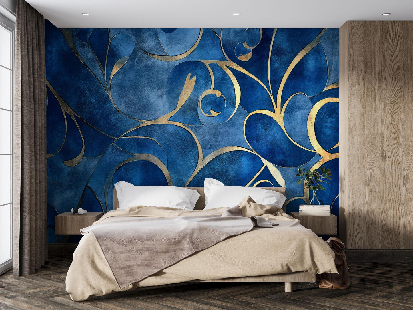 Luxury Blue and Gold Abstract Wall Mural – Modern Elegant Bedroom Feature Wallpaper Vn772