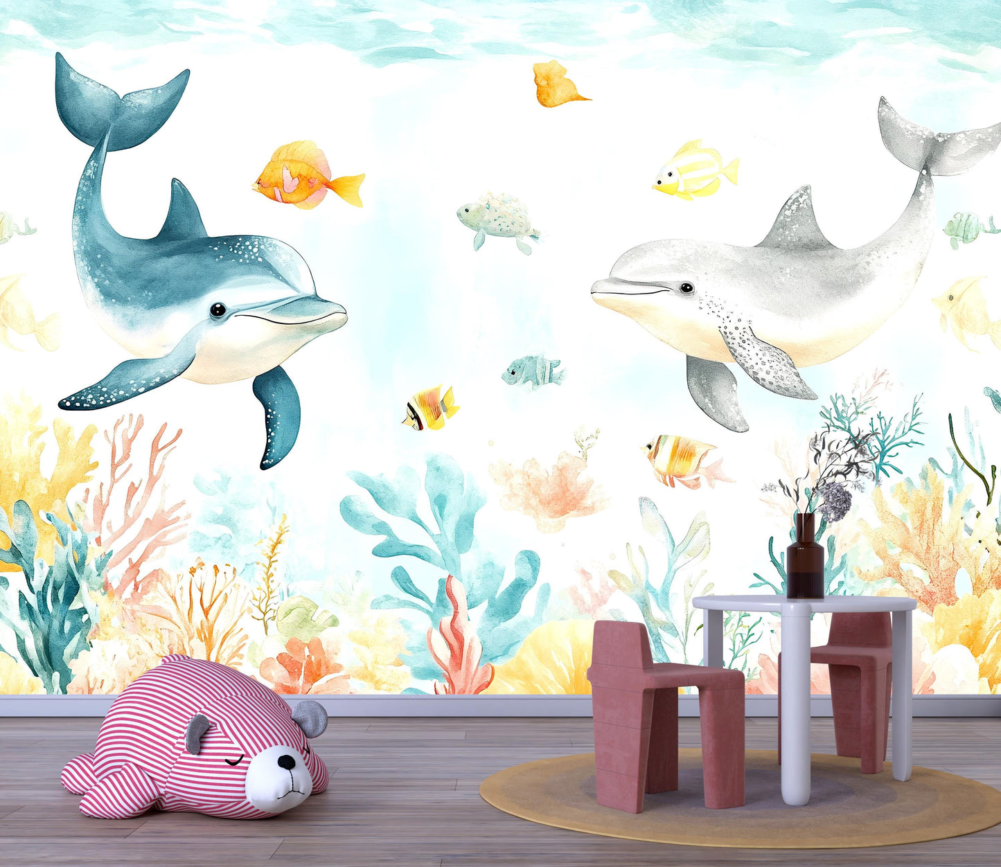 Dolphin Wall Mural – Ocean Nursery Wallpaper with Coral Reef & Colorful Fish Vn989