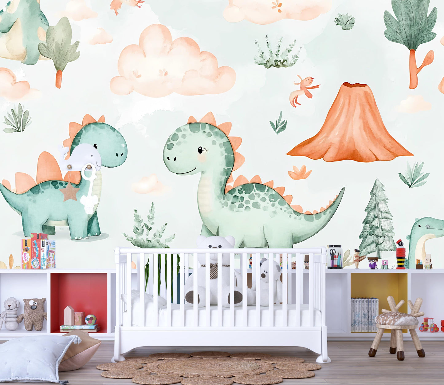Cute Dinosaur Wall Mural – Cartoon Dino Wallpaper for Nursery, Kids Room & Playroom Vn980