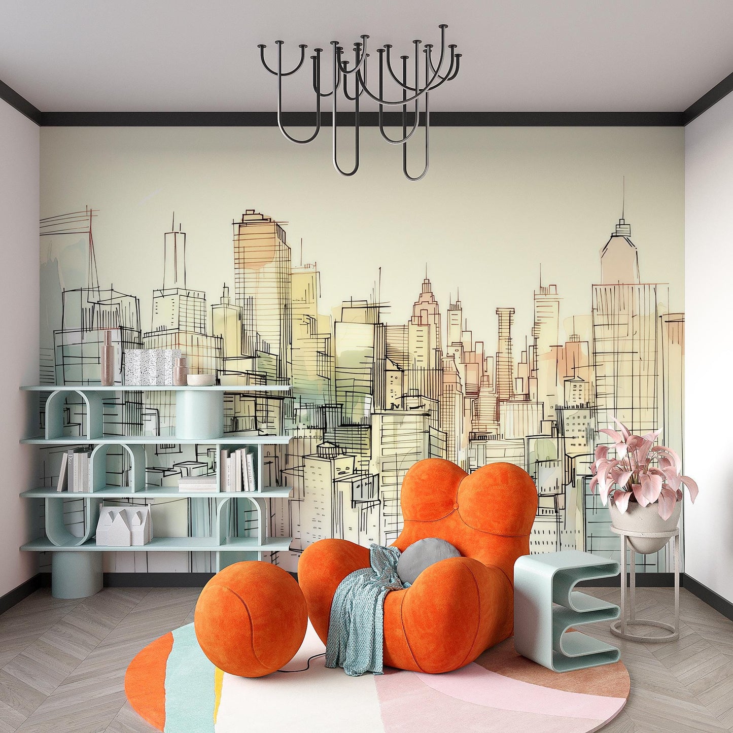 City Sketch Wall Mural – Urban Skyline Line Art Wallpaper, Modern Accent Wall Decor for Bedroom, Office or Kids Room Vn1069