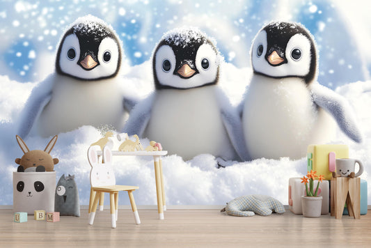 Snowy Baby Penguin Wall Mural – Cute Arctic Animal Nursery Wallpaper – Winter Penguin Kids Room Décor Vn520